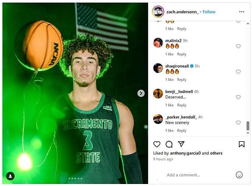 Shaqir O'Neal reacts to Zach Anderson joining the Sacramento State (Image via Instagram/zach.andersonn_