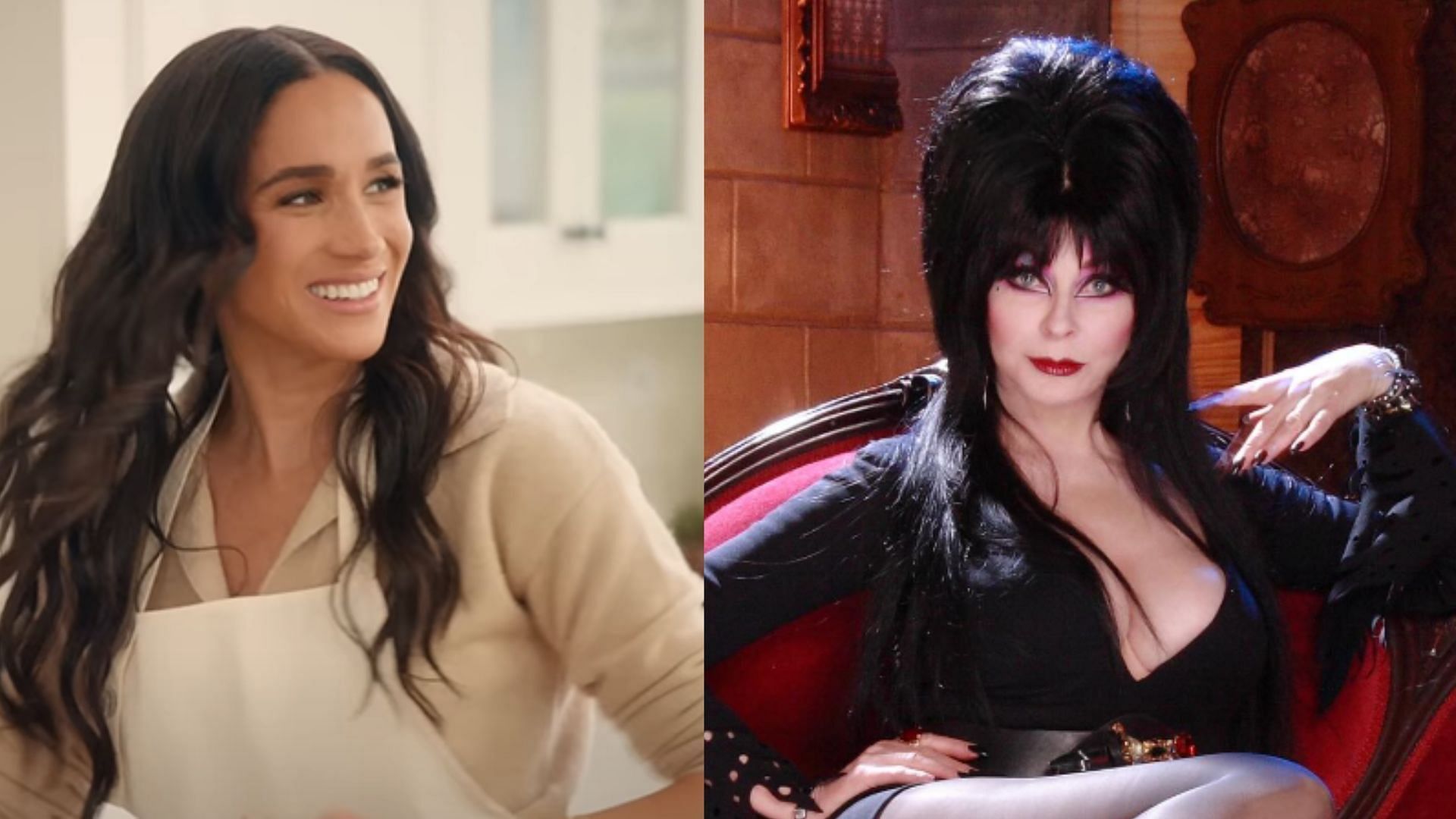 Elvira actress Cassandra Peterson and Meghan Markle. (Image via Netflix and Instagram/@therealelvira)