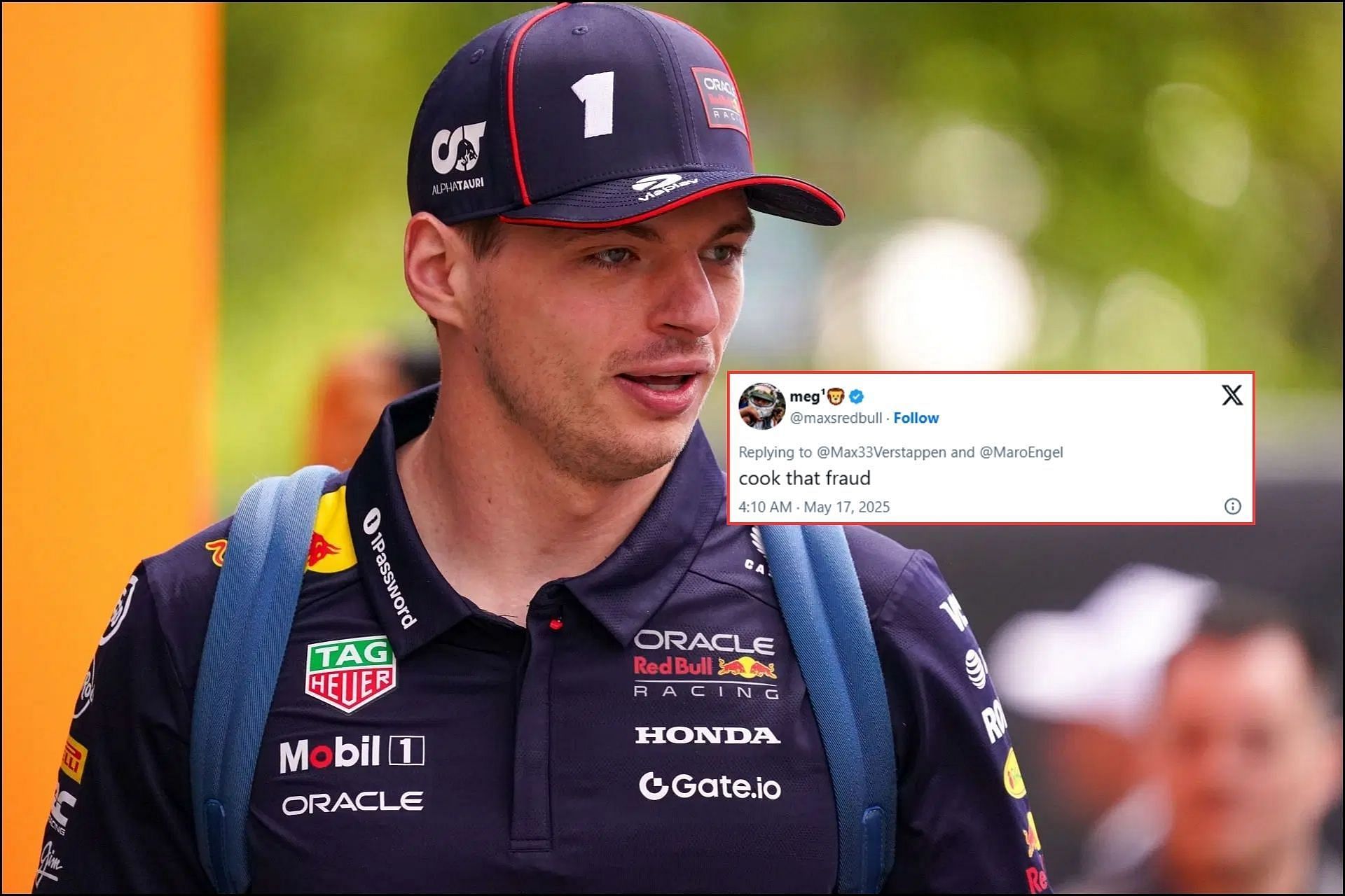Fans react as Max Verstappen puts Mercedes DTM racer on blast (Images from @maxsredbull on X and Getty Images)