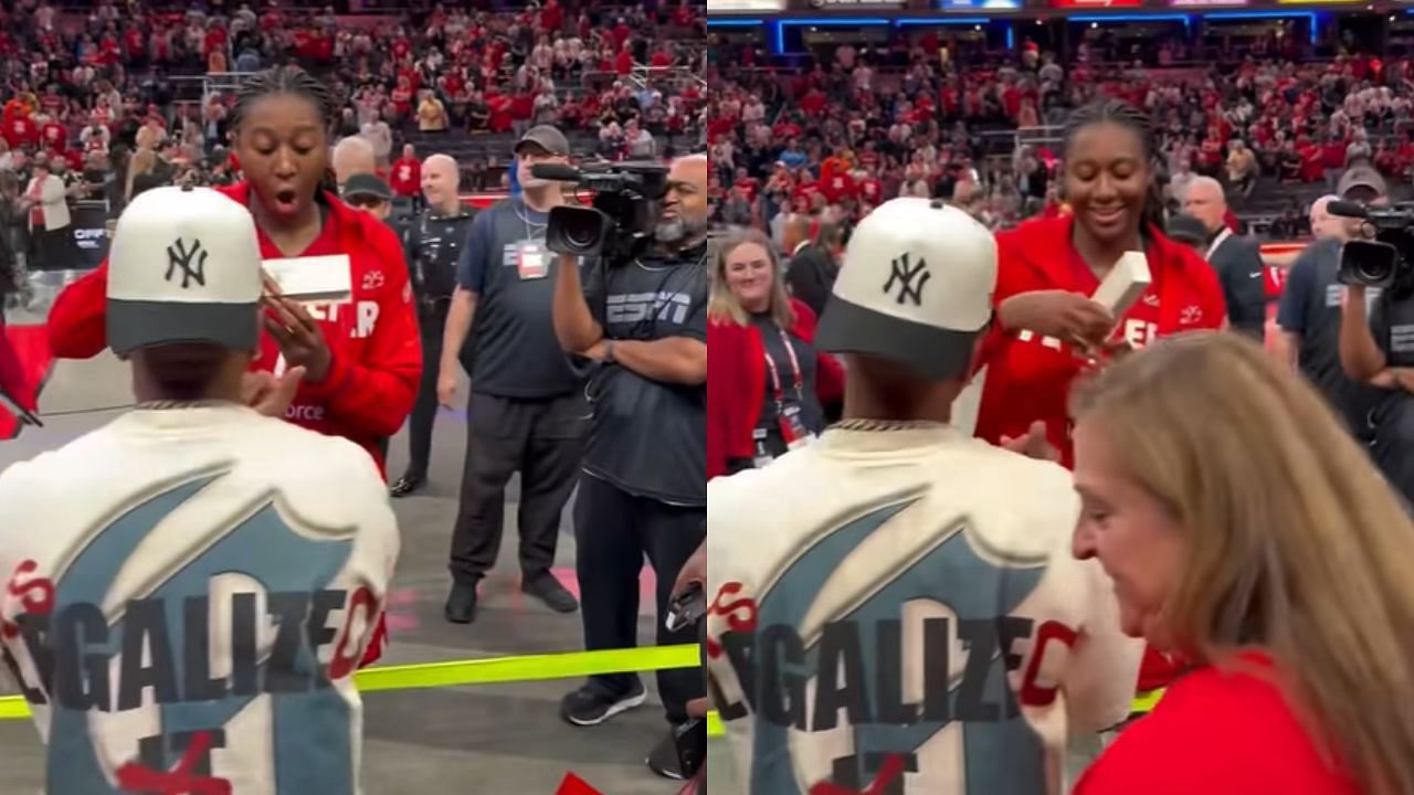 Aliyah Boston drops priceless reaction as $6,000,000 rapper places necklace around her neck. [photo: @plies/IG]