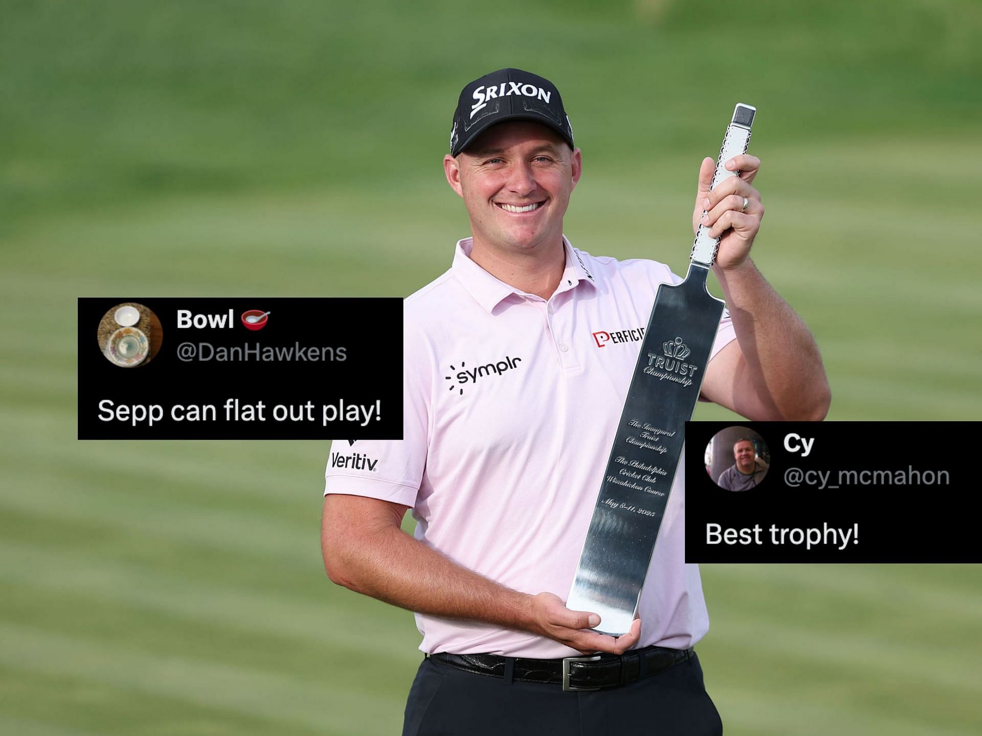 Sepp Straka poses with a cricket bat trophy at the Truist Championship (image via Imagn, x@cy_mcmahon, x@DanHawkens)