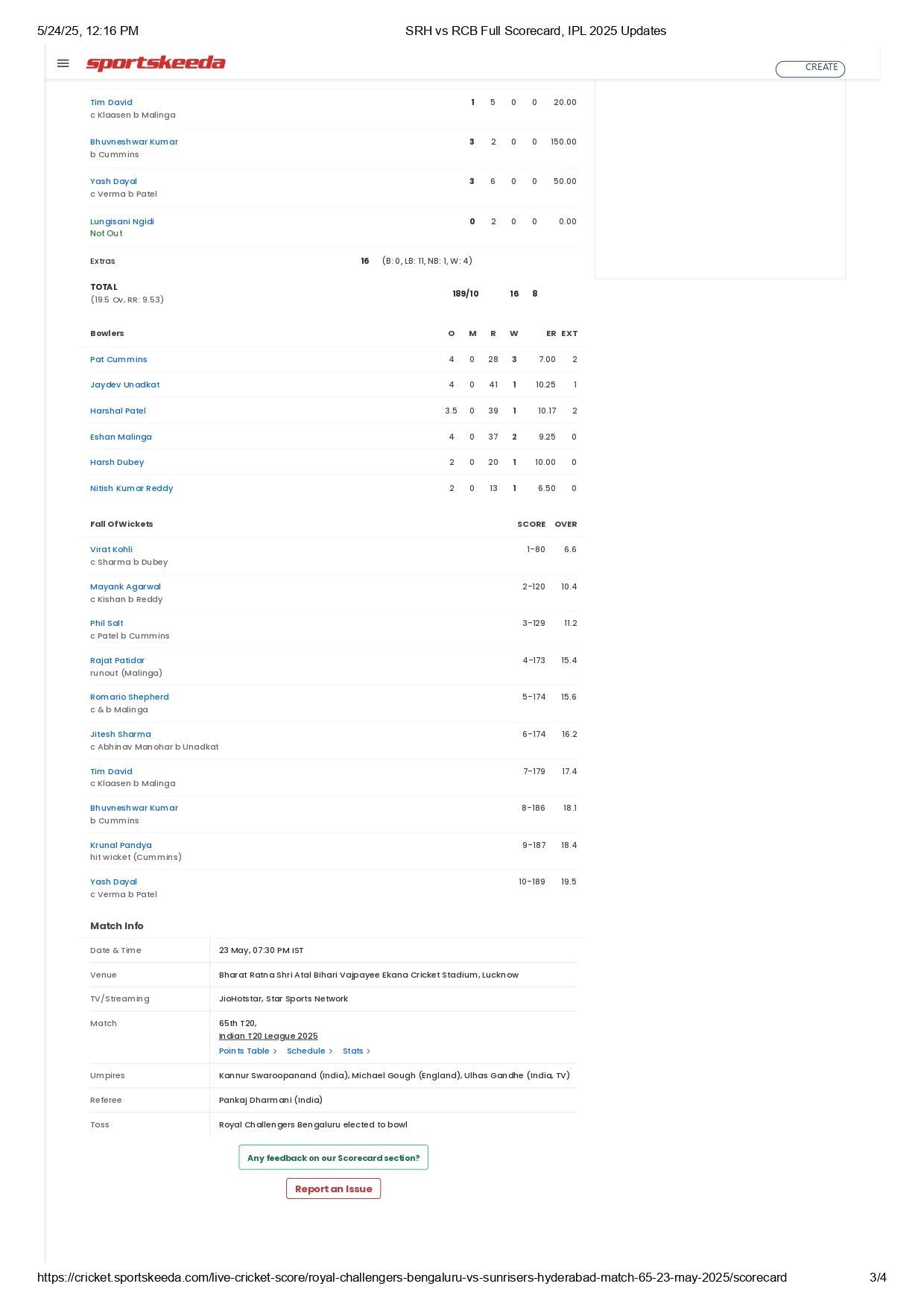 SRH vs RCB 2025 scorecard.
