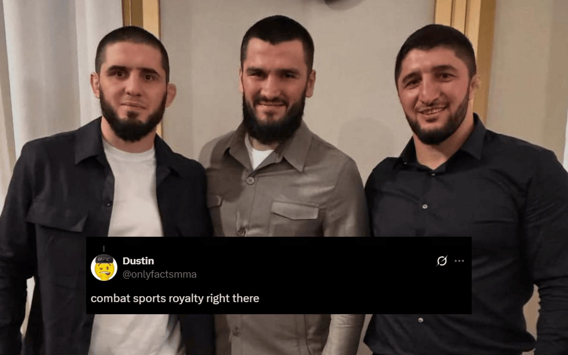 Fans react to Islam Makhachev (left) meeting Artur Beterbiev (middle) and Abdulrashid Sadulaev (right). [Images courtesy: @islam_makhachev on Instagram]