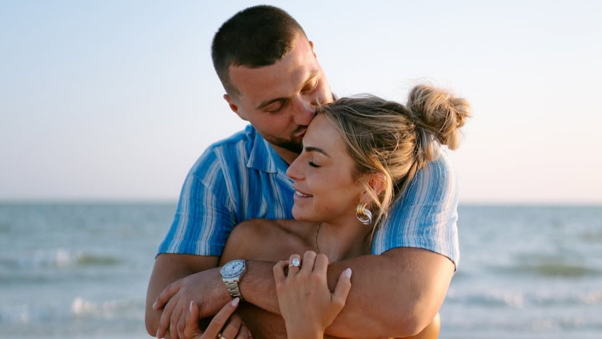Miami star hooper Haley Cavinder and fianc&eacute; Jake Ferguson enjoy poolside in latest romantic snap - Image source: Instagram/jakeferg84