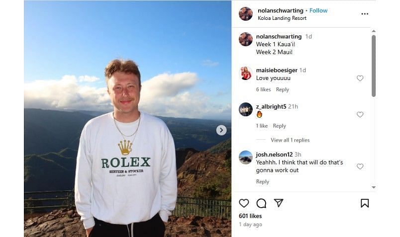 Screenshot of Nolan Schwarting&#039;s Instagram post featuring Nebraska Volleyball&#039;s Maisie Boesiger&#039;s comment | Source: IG/nolanschwarting