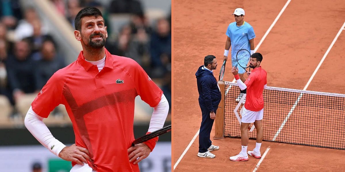 Novak Djokovic (left), Djokovic, wearing red, argues with officials during his first-round match against Mackenzie McDonald, wearing blue, at the 2025 French Open (right), Sources: Getty
