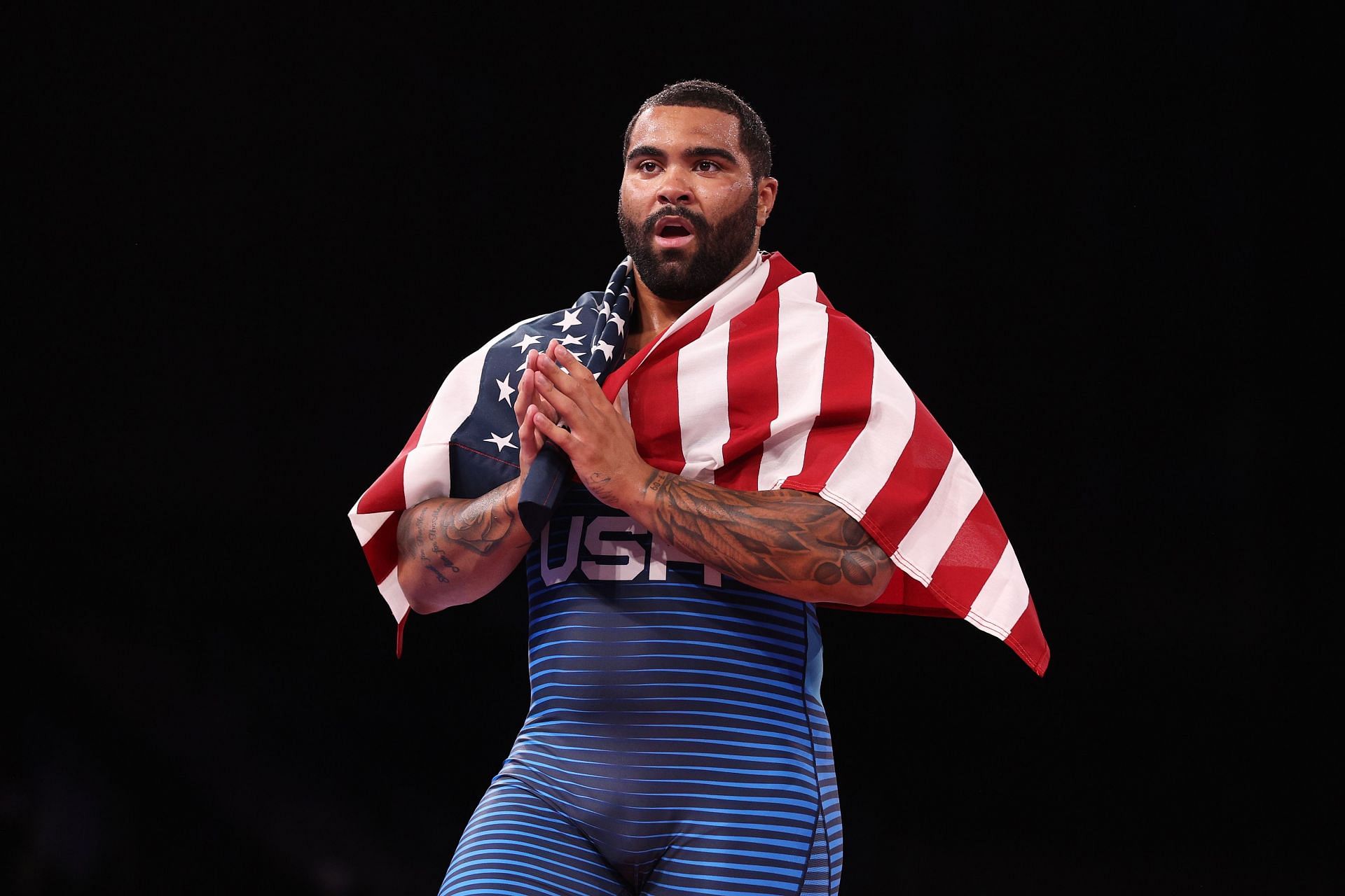 CHIBA, JAPAN - AUGUST 06:   Gable Dan Steveson of Team United States celebrates defeating Geno Petriashvili of Team Georgia during the Men&rsquo;s Freestyle 125kg Gold Medal Match on day fourteen of the Tokyo 2020 Olympic Games at Makuhari Messe Hall on August 06, 2021 in Chiba, Japan. (Photo by Ezra Shaw/Getty Images) - Source: Getty