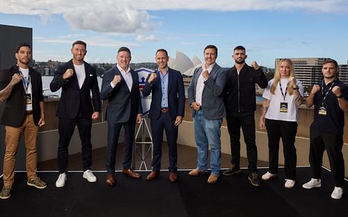 From Left to Right:  PFL Fighter, Raihere Dudes James Frewin, PFL Managing Director International Pete Murray, Dan Taylor - Acting Managing Director, Stan, Ben Kimber - Director of Sports, Stan, PFL Fighter, Joseph Luciano, PFL Fighter, Sara Collins, PFL Fighter, Sean Gauci