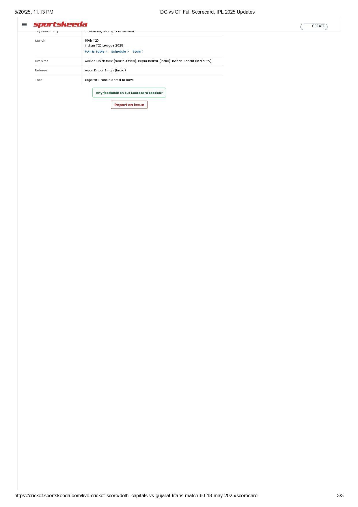 DC vs GT 2025 scorecard.