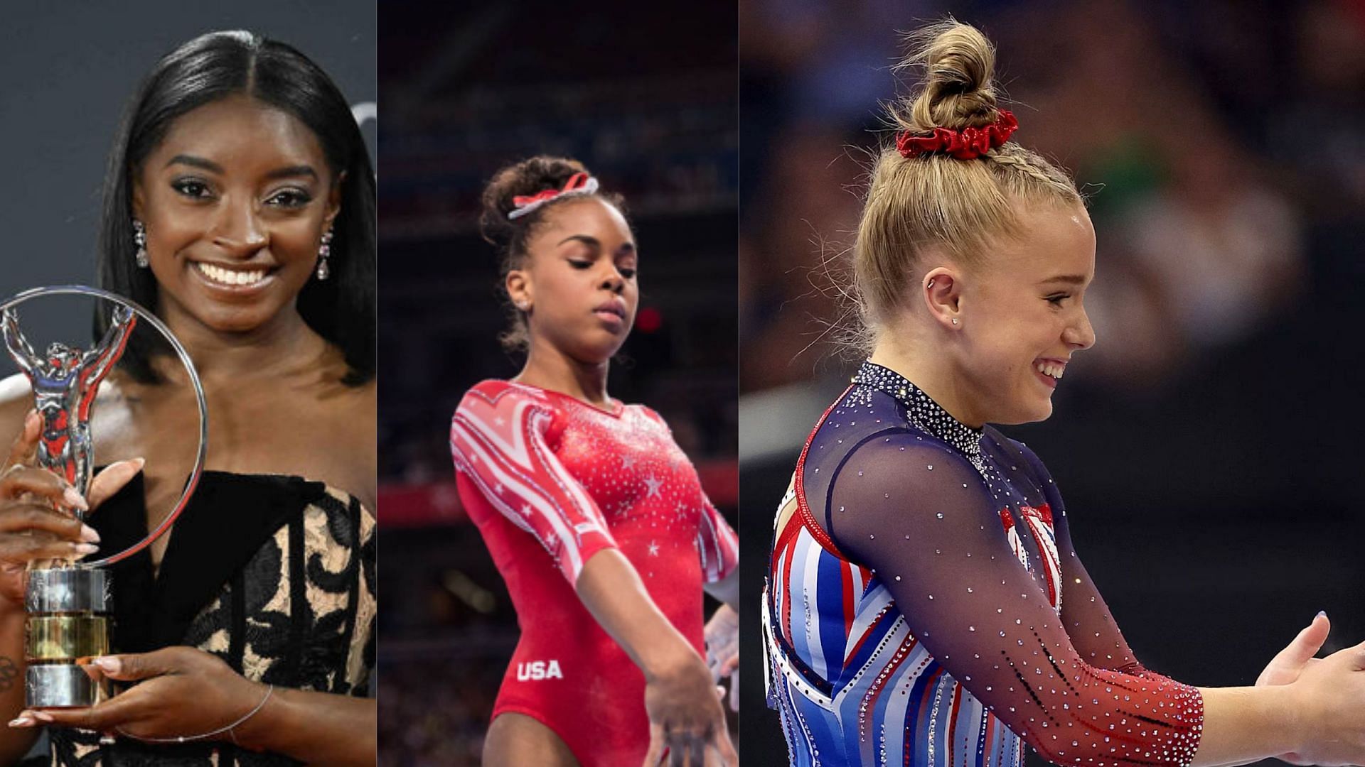Simone Biles hosts fellow gymnasts Zoe Miller and Joscelyn Roberson well [Image Source : Getty] 