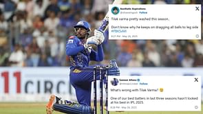 "Pretty washed this season" - Fans slam Tilak Varma after getting out for 1 in PBKS vs MI IPL 2025 match
