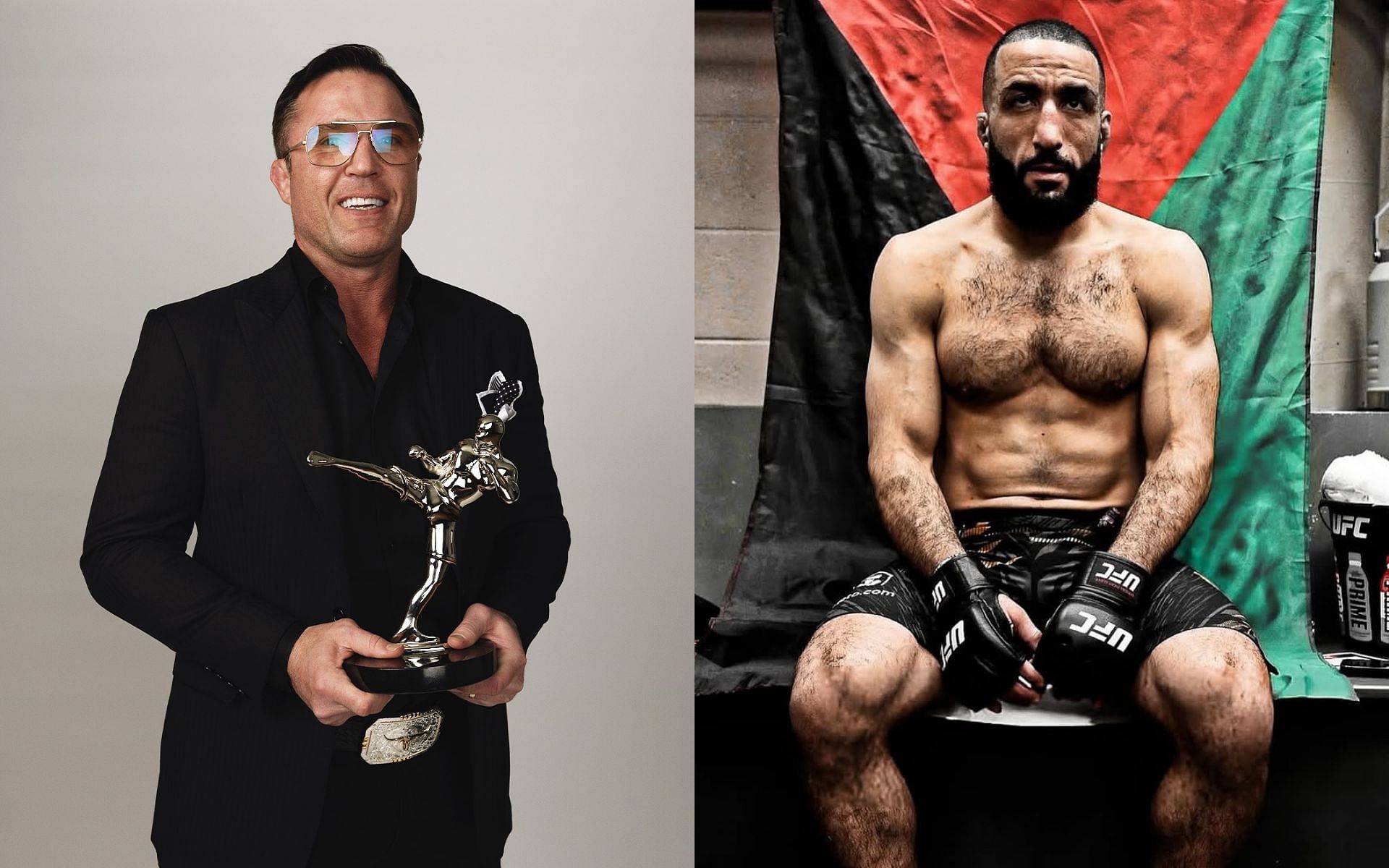 Chael Sonnen (left) praises Belal Muhammad (right). [Images courtesy: @sonnench and @bullyb170 on Instagram]