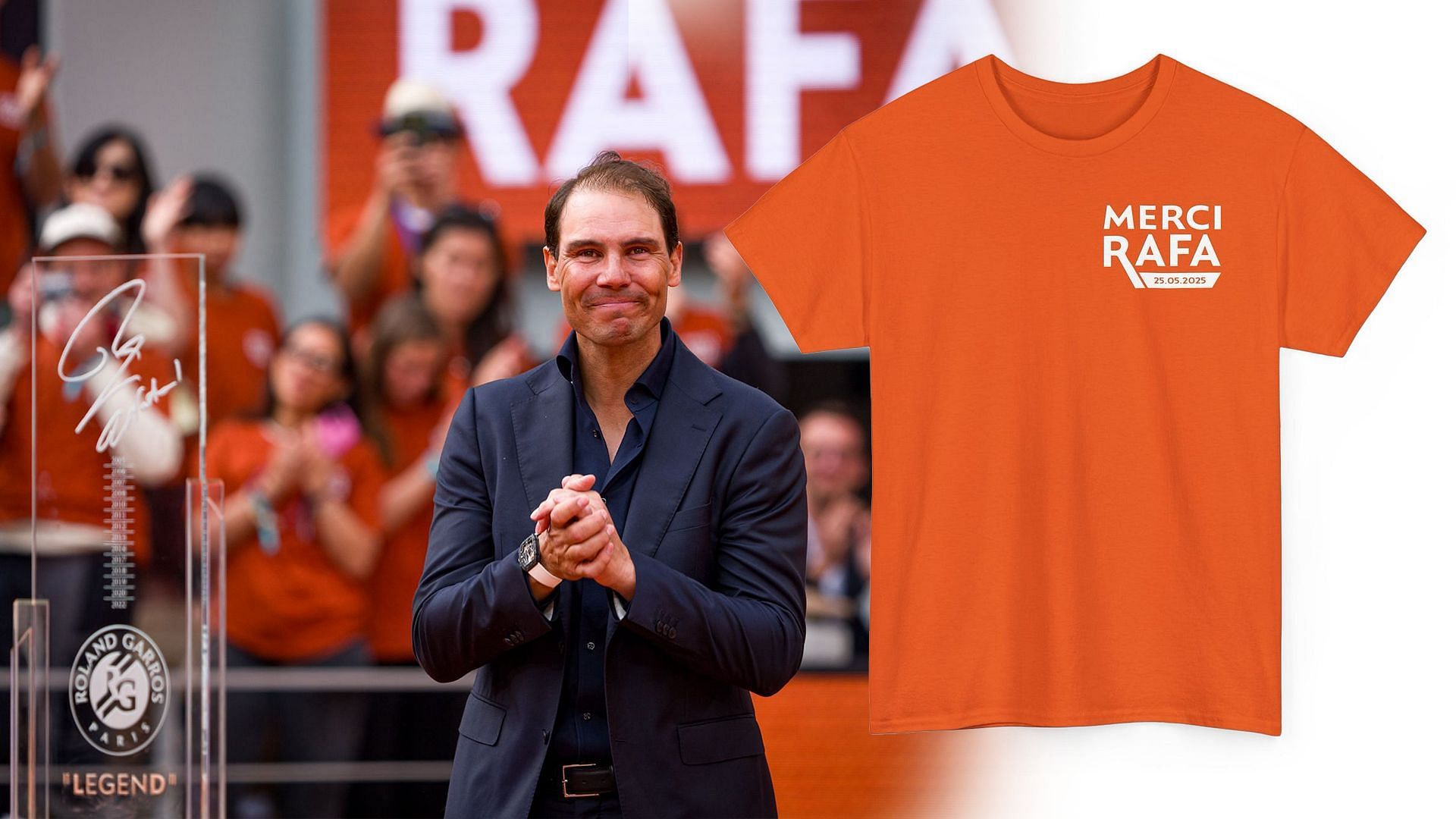 Rafael Nadal fans were given special t-shirts to wear during his French Open tribute | Getty