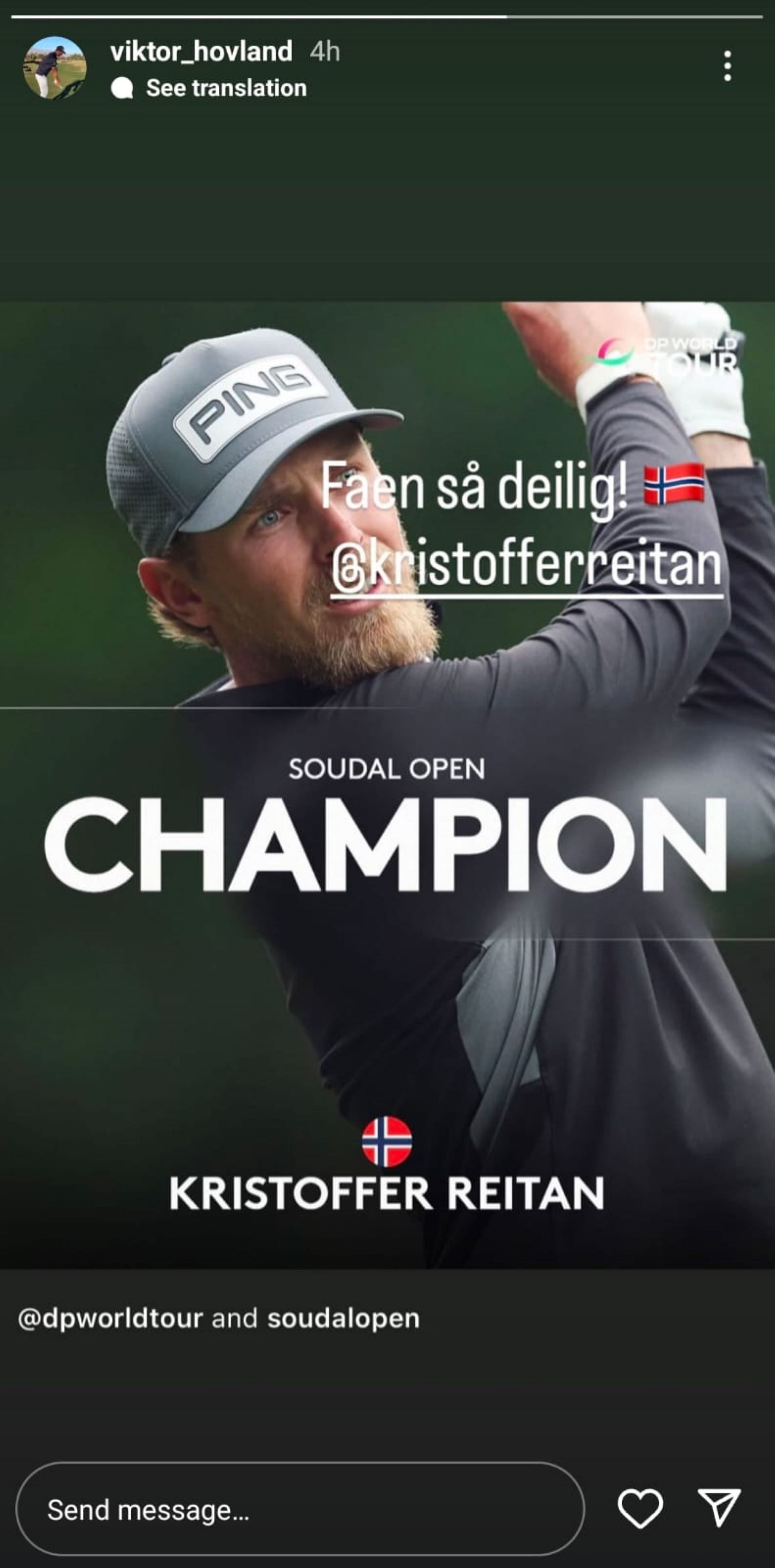Viktor Hovland praises Norwegian golfer Kristoffer Reitan for his breakthrough win (via viktor_hovland)