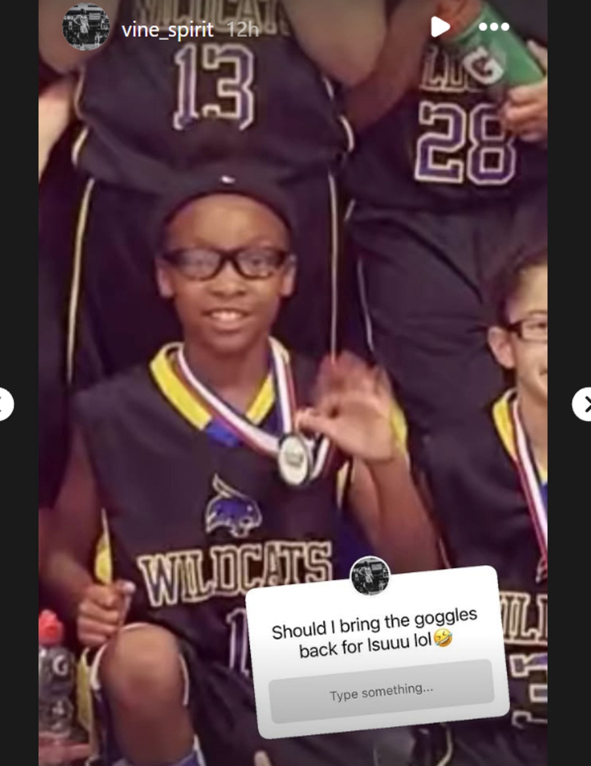 Divine Bourrage posts childhood basketball photo of herself wearing goggles (source: IG/ vine_spirit)