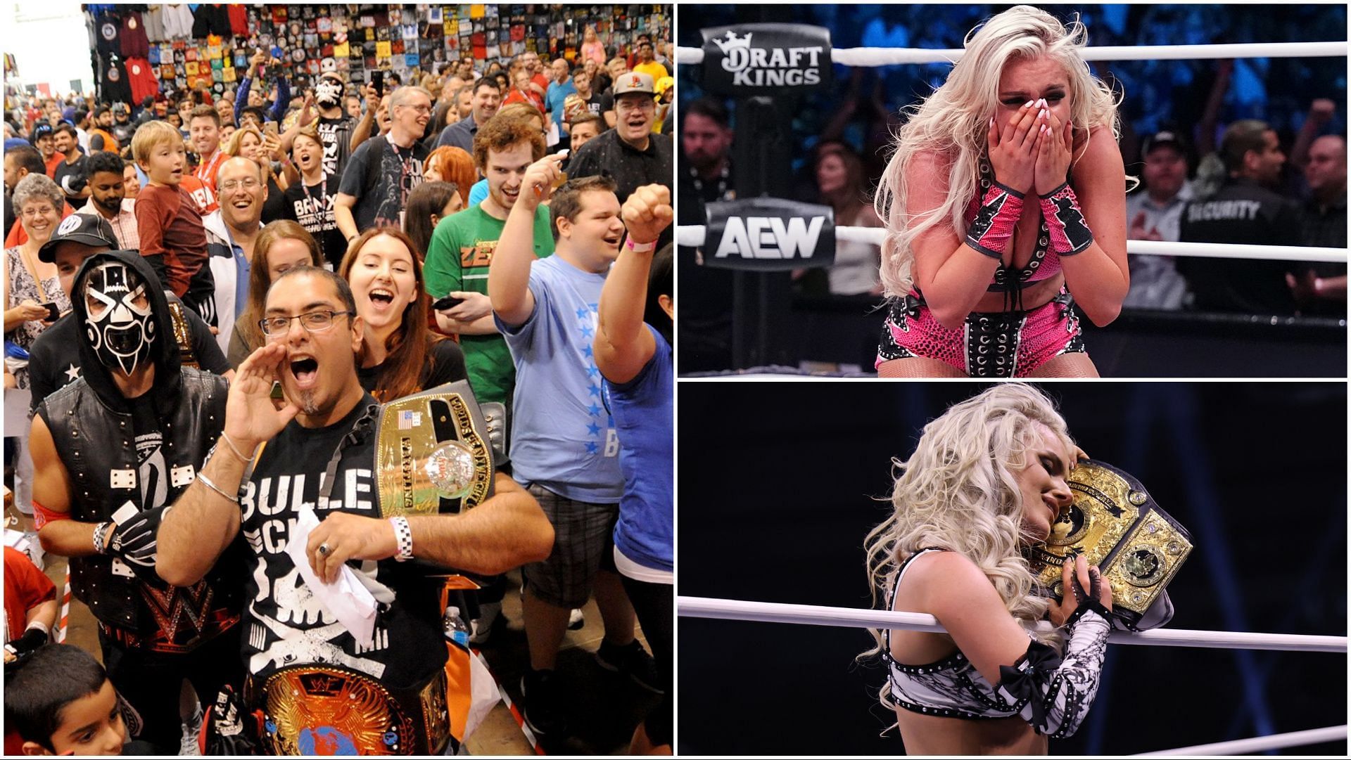 Wrestling fans cheer at a convention, Mariah May in AEW