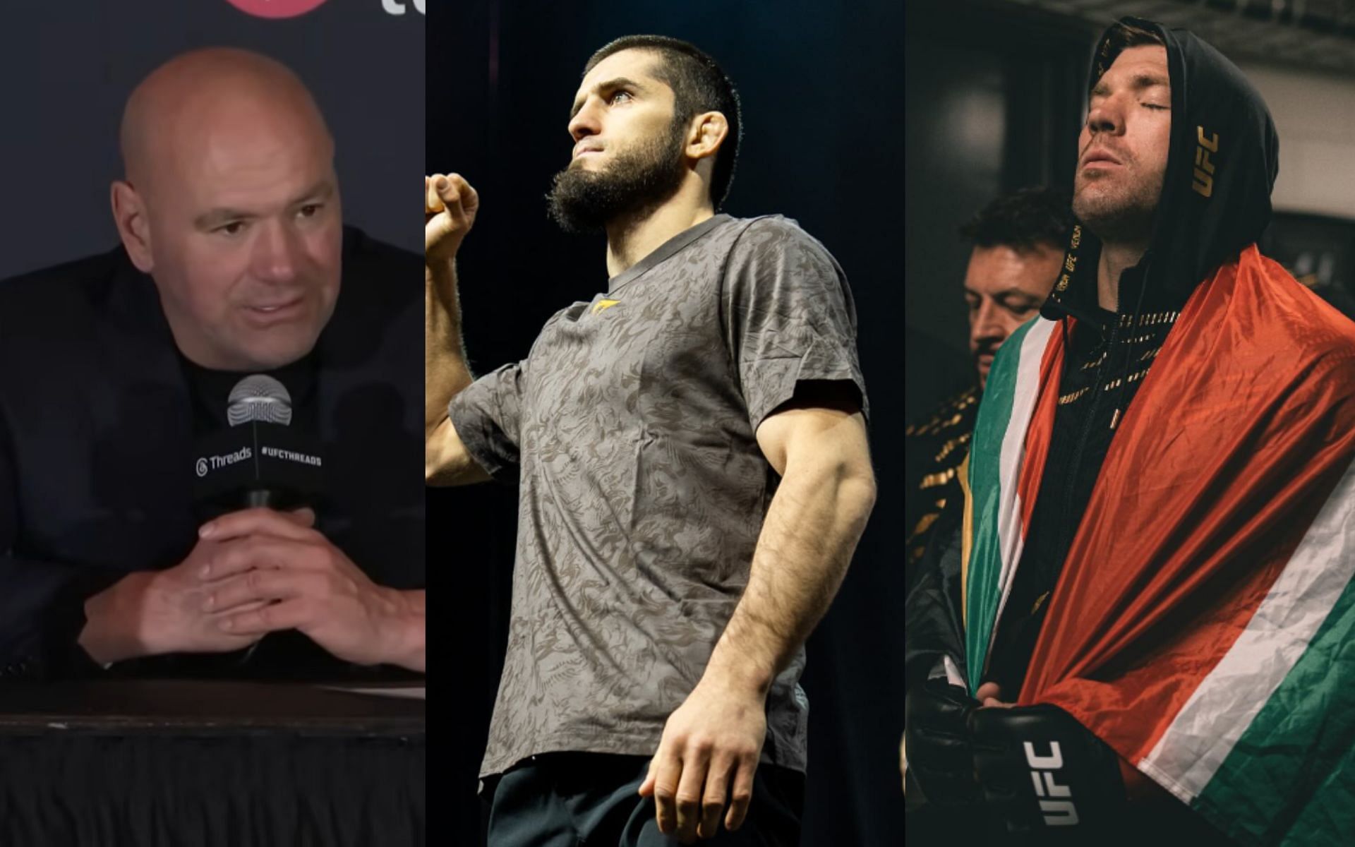 Dana White (left) announced several fights, involving elite fighters such as Islam Makhachev (center) and Dricus du Plessis (right). [Images courtesy: UFC on YouTube, @islam_makhachev and @dricusduplessis on Instagram]