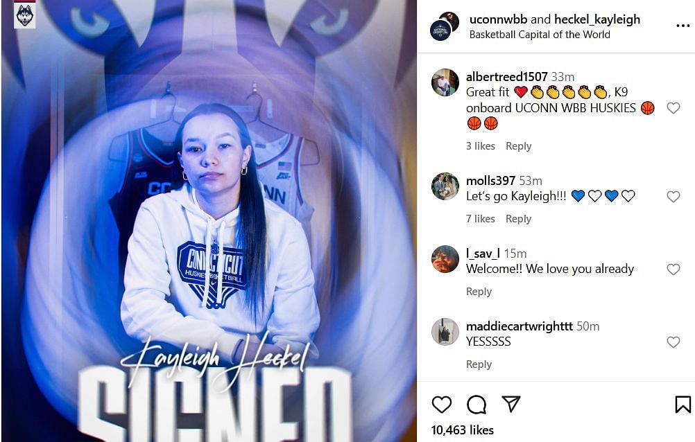 UConn fans react to Kayleigh Heckel joining the team ahead of next season on Instagram. (Credits: IG/ @uconnwbb)