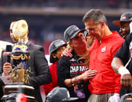 Shelley Meyer celebrate alongside the trophy - Source: Imagn