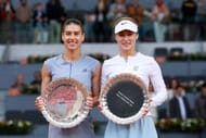 Anna Kalinskaya and Sorana Cirstea celebrate after winning the women's doubles title at the Madrid Open. Source: Getty