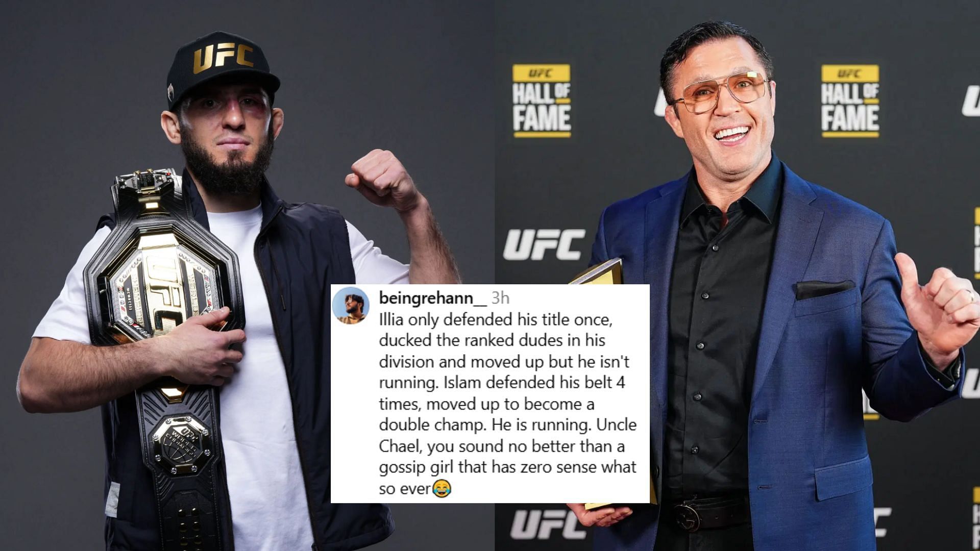Fans blast Chael Sonnen (right) for criticizing Islam Makhachev (left). [Images courtesy: Getty Images]