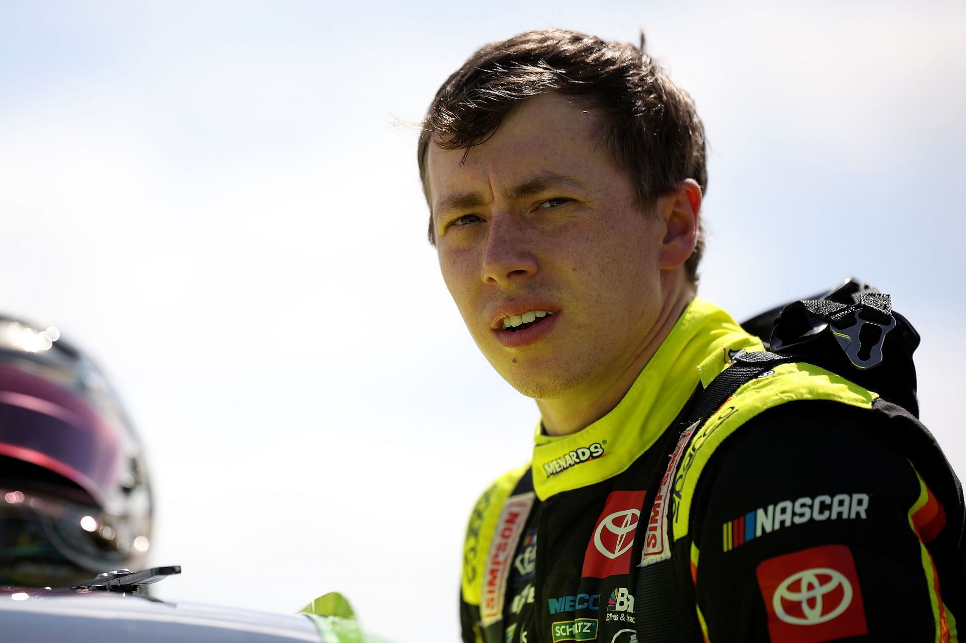 DARLINGTON, SOUTH CAROLINA - APRIL 05: Brandon Jones, driver of the #20 Menards/Turtle Wax Toyota, looks on during qualifying for the NASCAR Xfinity Series Sport Clips Haircuts VFW Help A Hero 200 at Darlington Raceway on April 05, 2025 in Darlington, South Carolina. (Photo by James Gilbert/Getty Images) - Source: Getty