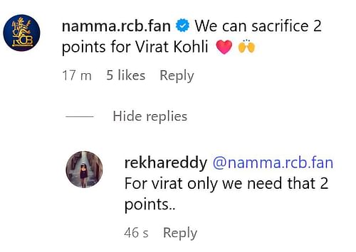 Screenshot of a reply from a fan on the post - Source: RCB Fan Army/IG