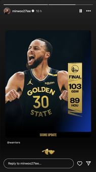Min Woo Lee congratulates Steph Curry as the Golden State Warriors win against the Houston Rockets. Image via @minwoo27lee