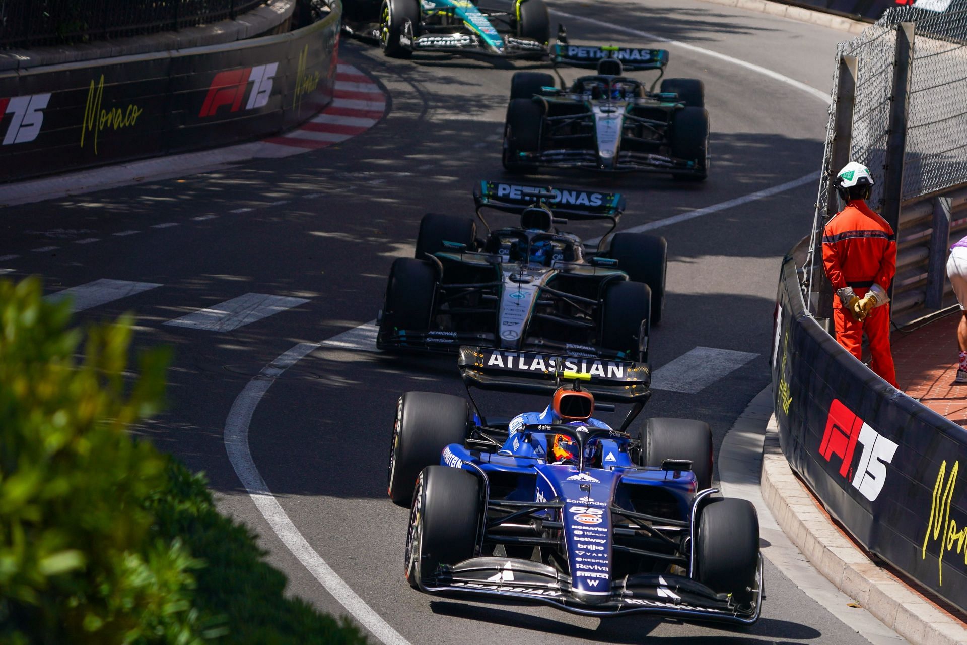 Carlos Sainz (55) leads the Mercedes duo during the Formula 1 Monaco GP. Source: Getty