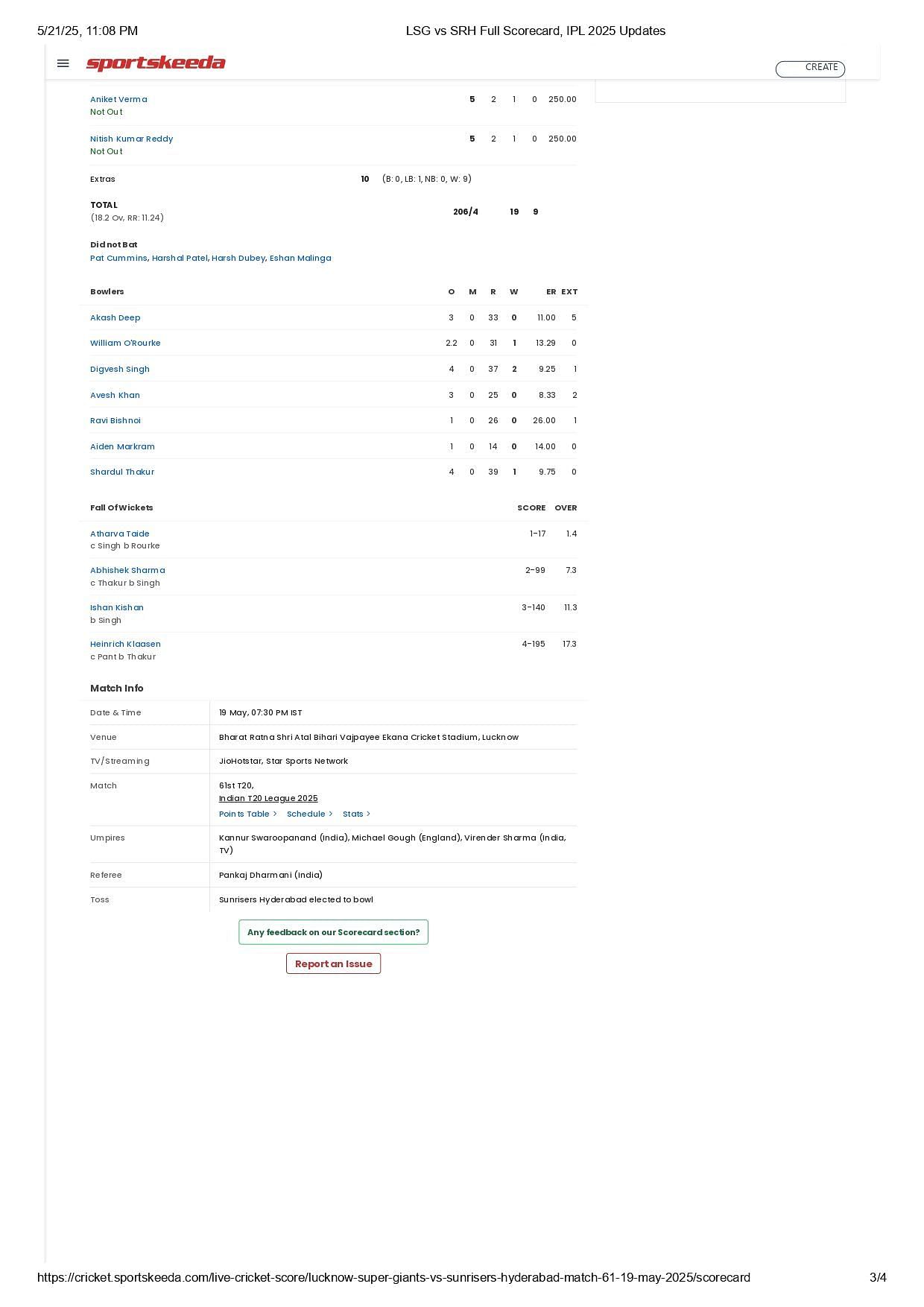 LSG vs SRH 2025 scorecard.