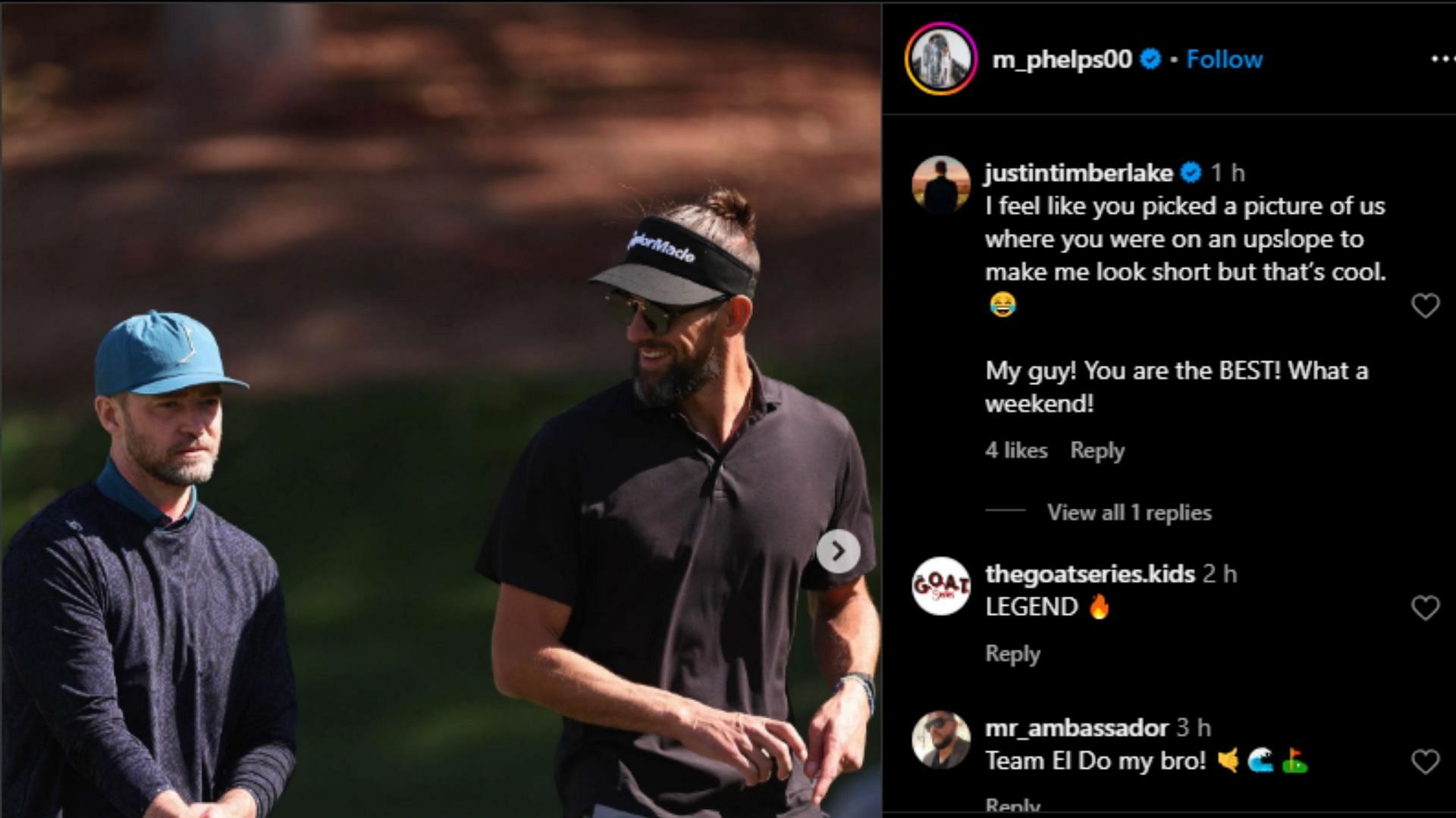 Screengrab of Justin Timberlake&#039;s comment on Phelps&#039; Instagram post [Image Source: Instagram]