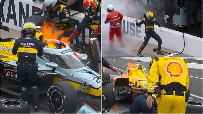 Alexander Rossi rages in pitlane as Indy 500 ends with car on fire