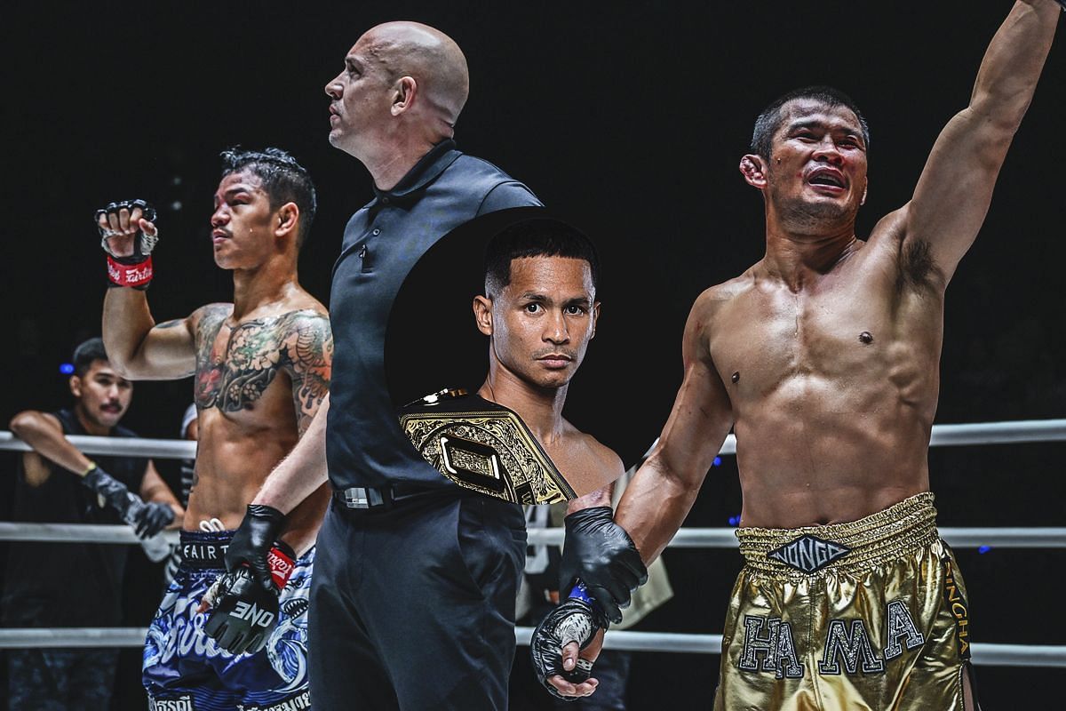 Nong-O Hama celebrates win over Kongthoranee with Supebon | Image credit: ONE Championship