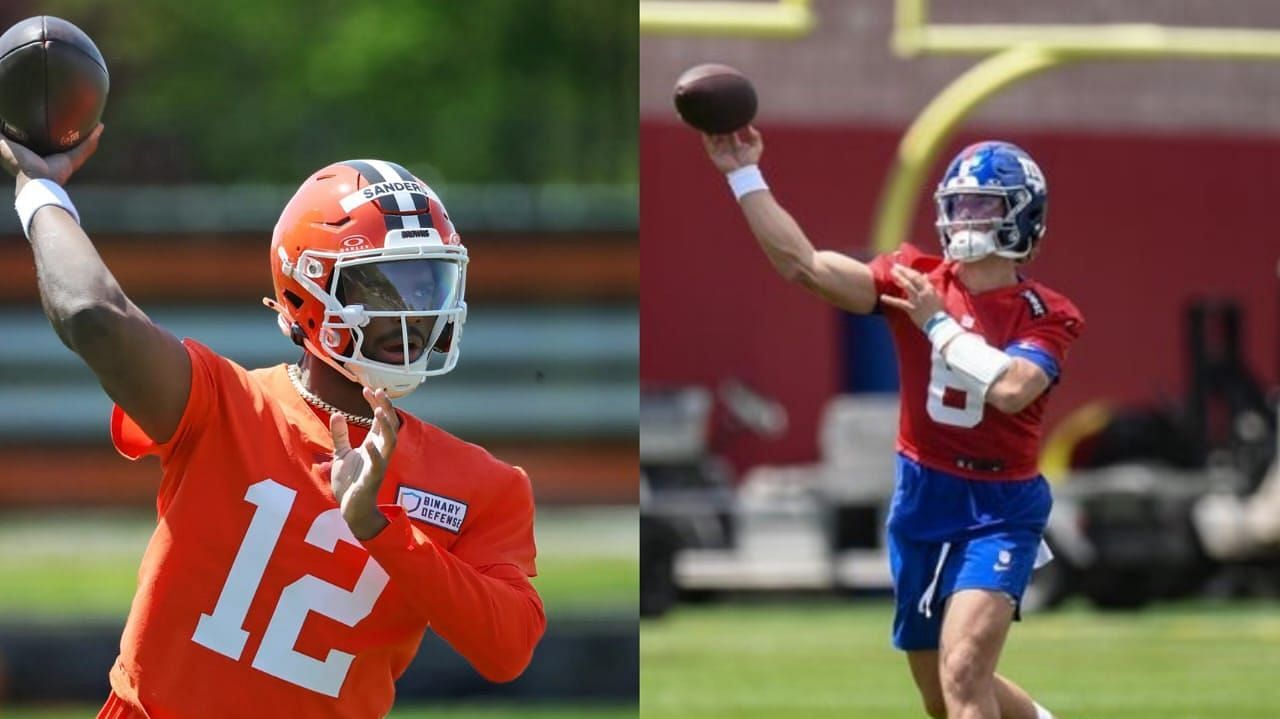 Shedeur Sanders (L) and Jaxson Dart (R) at their respective rookie minicamps. Image credit: Imagn