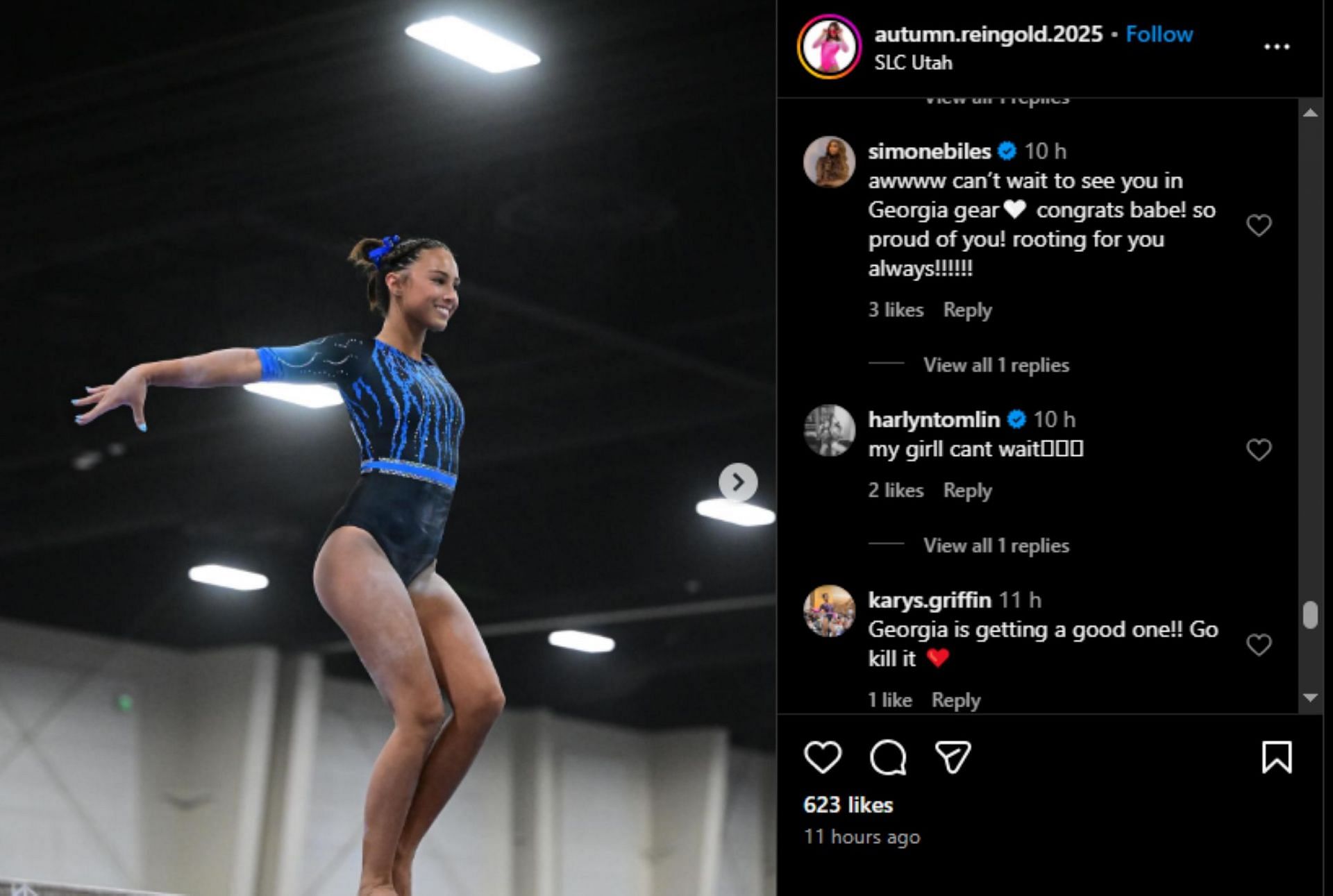 Screengrab of Simone Biles&#039; comment on Autumn Reingold&#039;s post [Image Source : Autumn Reingold&#039;s Instagram]
