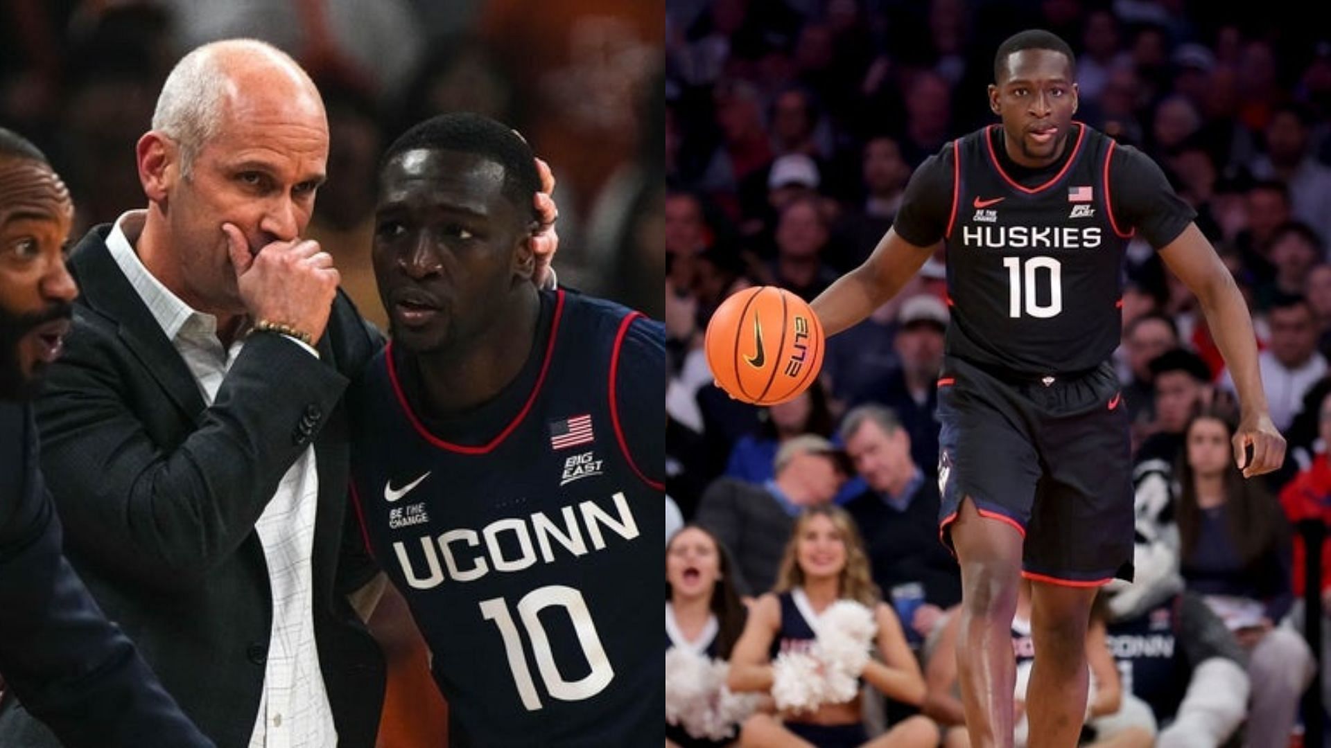 Hassan Diarra listens to UConn coach Dan Hurley