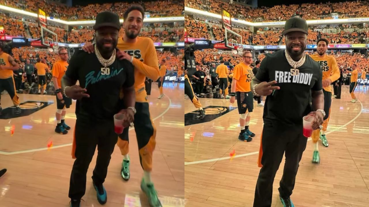 Did 50 Cent wear &quot;Free Diddy&quot; t-shirt at Pacers-Knicks Game 4? Closer look at rapper