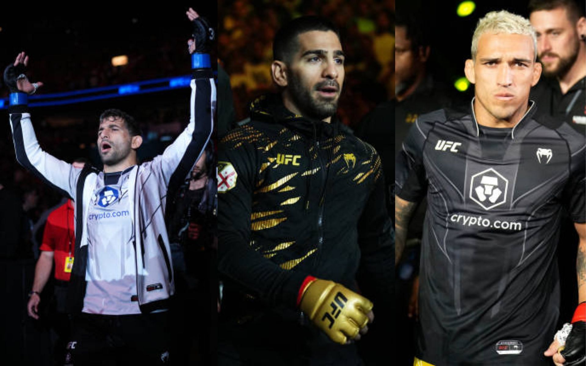 Beneil Dariush (left) warns Ilia Topuria (center) ahead of Charles Oliveira (right) bout [Image credits: Getty Images]