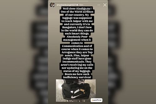 Shashank Singh blasts Indigo Airlines over luggage mishandling (Image via Instagram-@shashanksingh027)