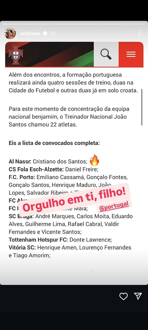 Cristiano Ronaldo posts on Instagram after his son was invited to the Portugal U-15 squad