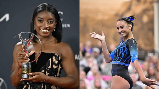 Simone Biles reacts to gymnast Autumn Reingold
