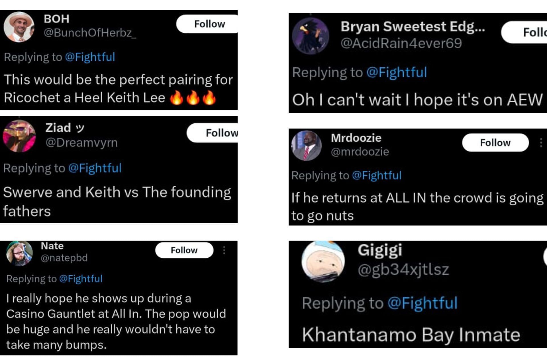 Fans on X pitched multiple ideas for Keith Lee&#039;s potential return to AEW television. [Images via Fightful&#039;s X]
