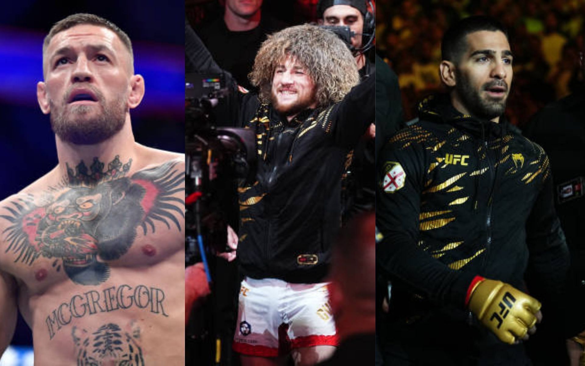 Merab Dvalishvili (center) was mistaken for Conor McGregor (left) in Spain with Ilia Topuria (right) [Image credits: Getty Images]