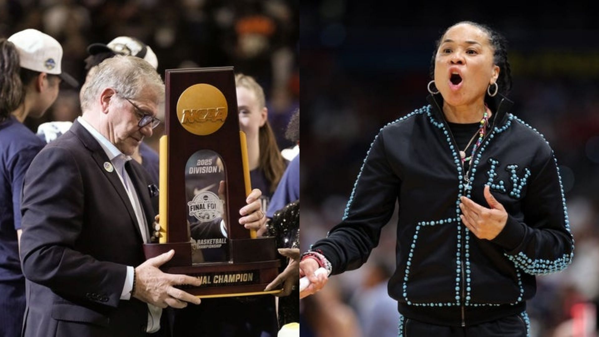 UConn coach Geno Auriemma holds the 2025 NCAA championship trophy; South Carolina coach Dawn Staley. Source: Imagn