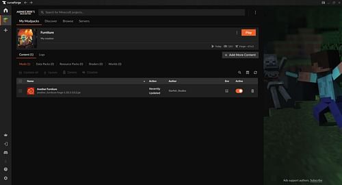 Use the Curseforge launcher to download and install the Another Furniture mod for Minecraft (Image via Sportskeeda Gaming || Mojang Studios)