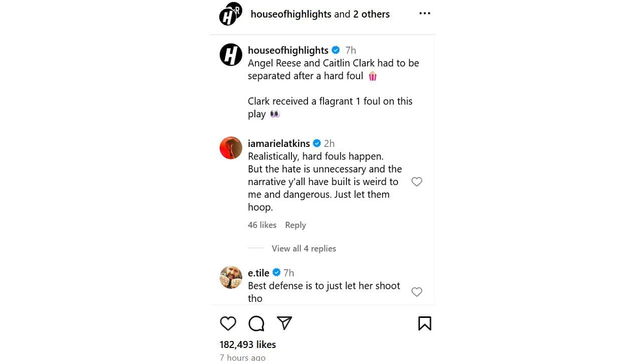 Angel Reese&#039;s teammate, Ariel Atkins, reacts to the hard foul Caitlin Clark committed against Reese on Saturday. [photo: @houseofhighlights/IG]