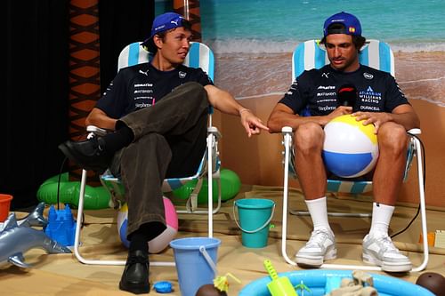 Alexander Albon and Carlos Sainz of Williams are interviewed on the beach set prior to practice ahead of the F1 Grand Prix of Miami on May 02, 2025 - Source: Getty