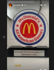UCLA star Lauren Betts' sister Sienna Betts showcases McDonald's All-American MVP trophy via Instagram.