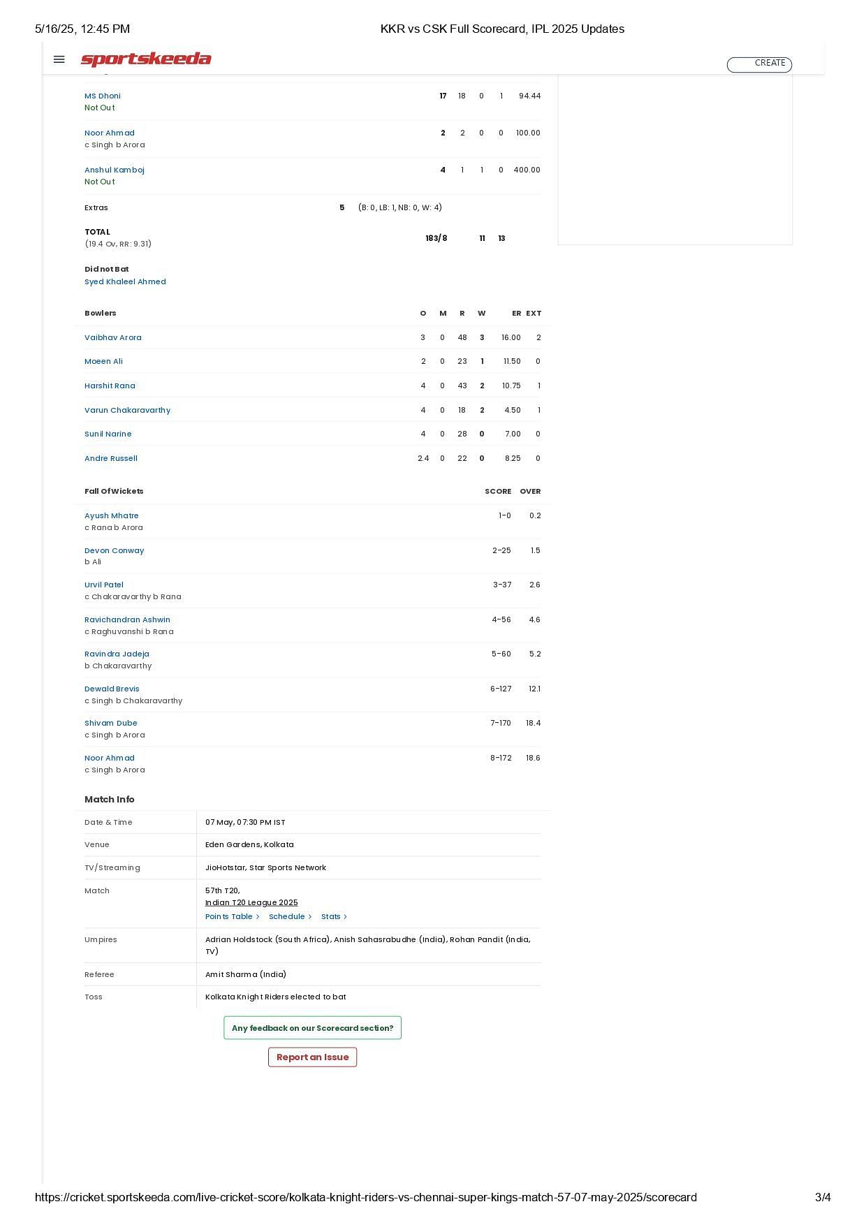 KKR vs CSK 2025 scorecard.