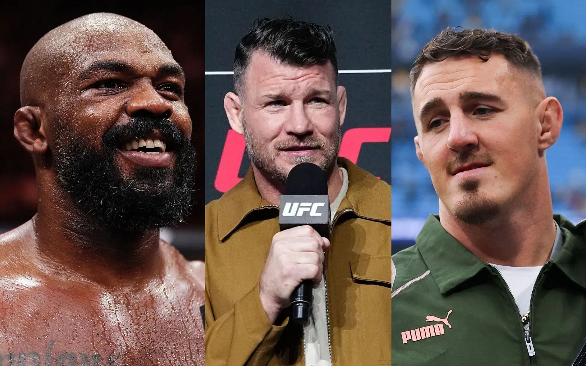 Michael Bisping (middle) goes off on Jon Jones (left) seemingly avoiding Tom Aspinall (right) fight. [Images courtesy: Getty Images]